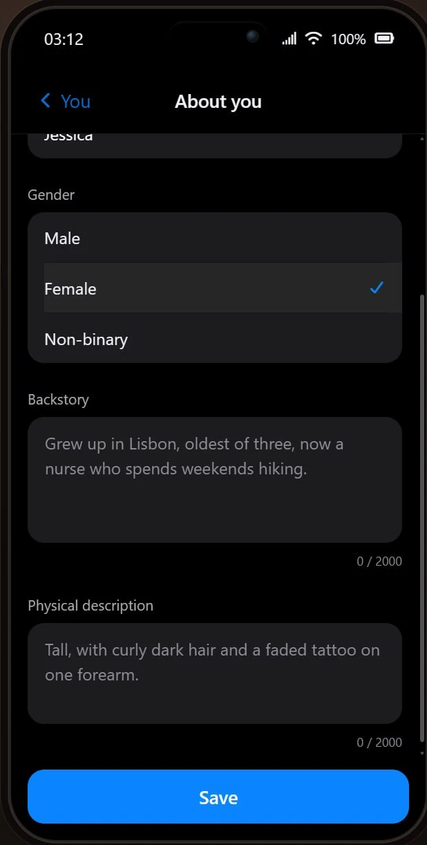 The Embraces AI About you page with the new backstory and physical description fields that shape how your AI companion talks to you
