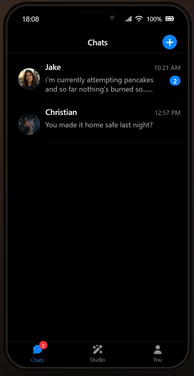 The Embraces AI Chats tab listing two AI companions with their most recent messages