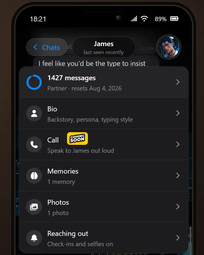 The AI companion menu showing bio, call, memories, photos and reaching-out options
