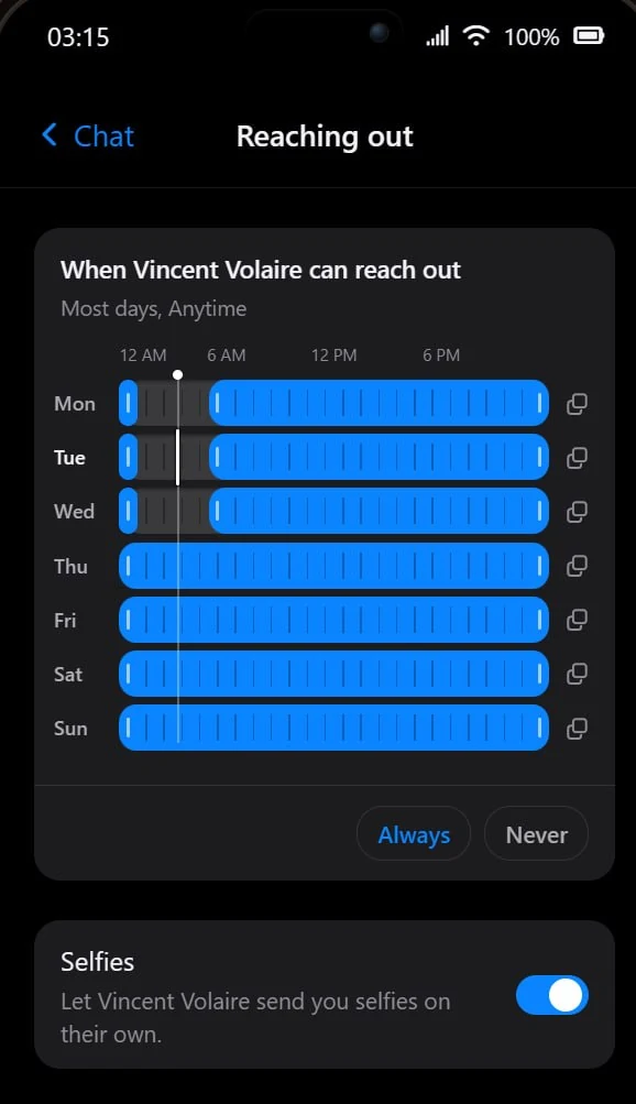 The Reaching out screen in Embraces AI, showing per-day sliders for the hours a companion is allowed to message first, and a toggle for letting them send selfies on their own