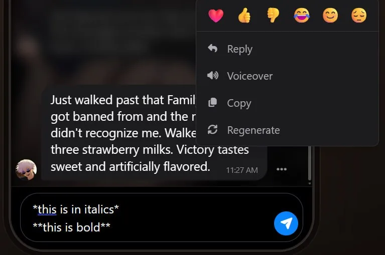 The Embraces AI message menu with a Regenerate option, above a composer showing bold and italic formatting