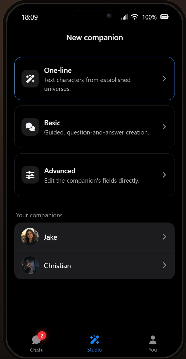 The Studio tab showing the One-line, Basic and Advanced AI companion creation flows above a list of your Companions