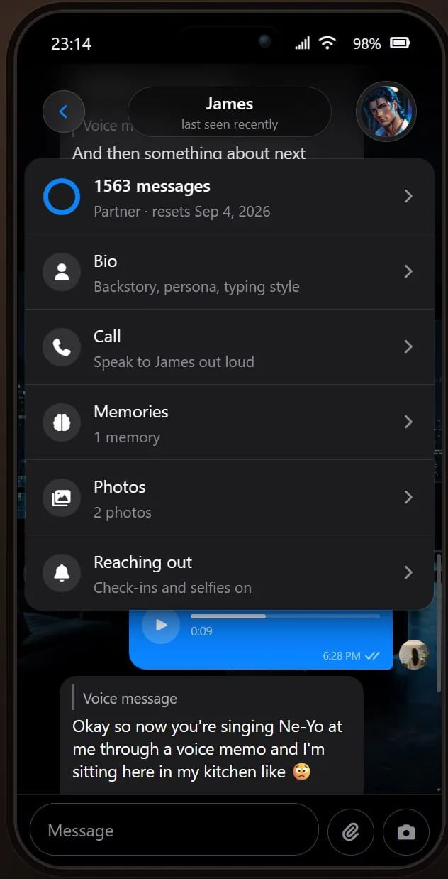 The Embraces AI companion menu showing a Call option to speak to an AI companion out loud