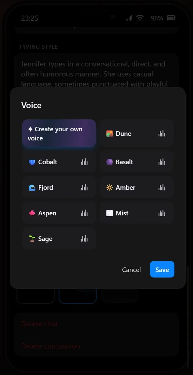 The Embraces AI voice picker showing the Create your own voice option above the curated AI companion voices