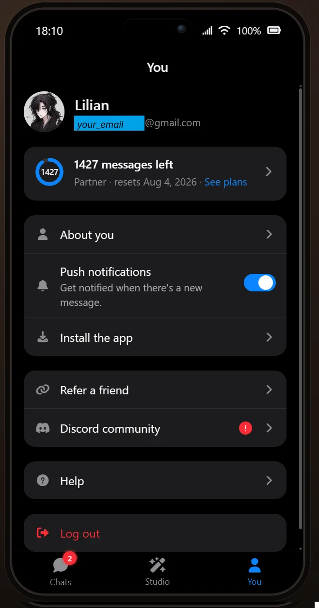 The You tab showing the message balance, About you, push notifications and other account settings