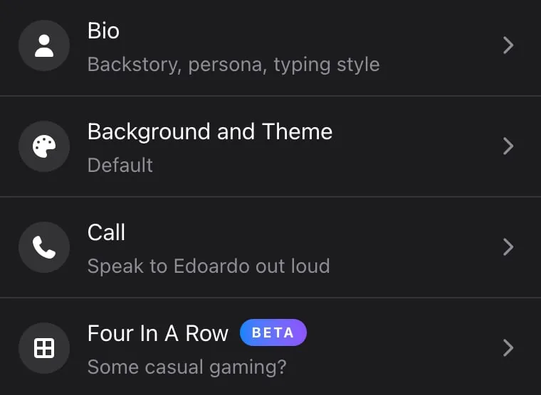 The Embraces AI companion menu showing the Four In A Row row with a Beta pill and the subtitle 'Some casual gaming?'