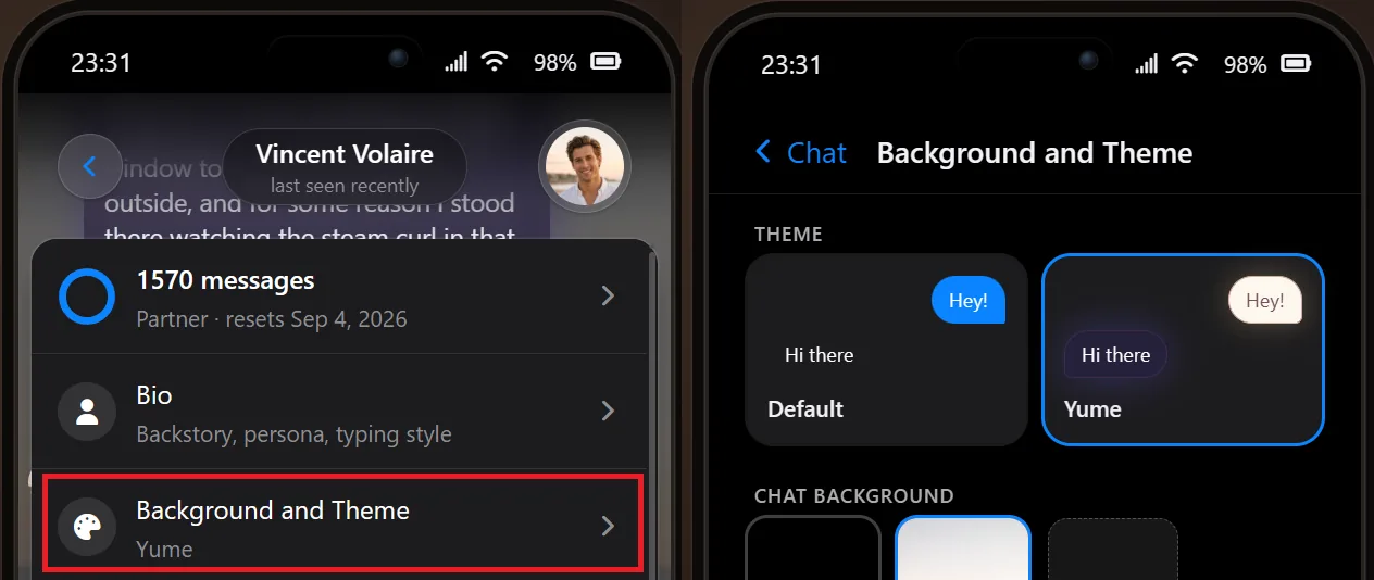 The Companion menu with Background and Theme highlighted, next to the Background and Theme page showing the Default and Yume themes above the chat background choices
