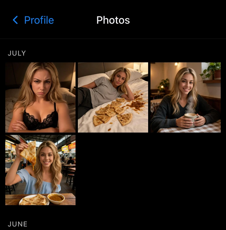 A companion's photo gallery grouped by month