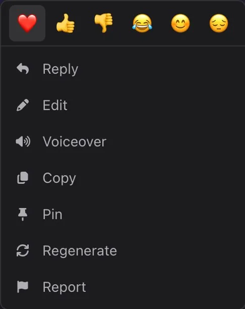 The Embraces AI message menu on a companion reply, with reactions above the Reply, Edit, Voiceover, Copy, Pin, Regenerate and Report options